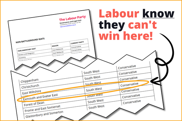 Screenshots of a Labour Party document showing Exmouth and Exeter East as a non-battleground seat